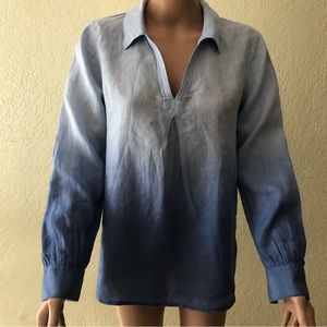 Vince Camuto Women’s Blue Linen Shirt Size XS Long Sleeves V-Neck Collared